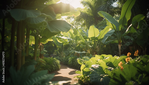 Green leaves and flowers bloom in nature garden generated by AI