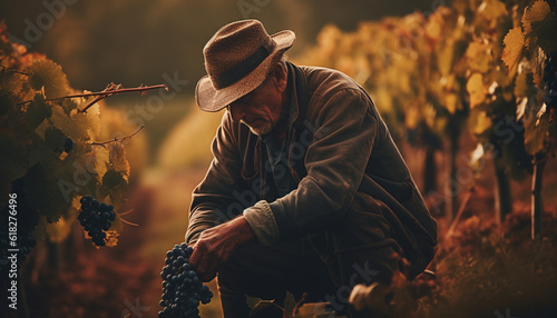 Mature farmer picking grapes in autumn vineyard   generated by AI © Gstudio