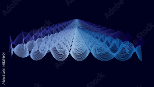 Neon light blue wave line on black background. Optical illusion. Innovation technology. Art trippy geometric digital fractal screen. Luxury Backdrop. Template. NFT card. Virtual reality. Research. 6G.