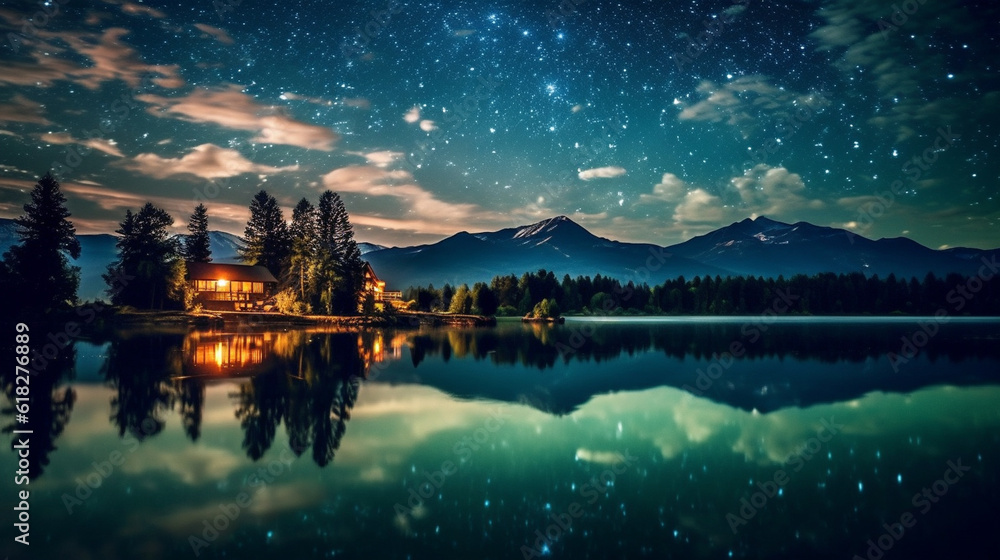A starry night sky blankets a serene lake, reflecting the brilliance of countless constellations, while a shooting star streaks across the canvas, granting wishes to those who dare Generative AI