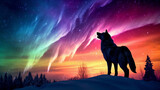 A lone wolf stands atop a snowy peak, silhouetted against a vibrant, multicolored sky as the Northern Lights paint the heavens with an awe-inspiring spectacle Generative AI