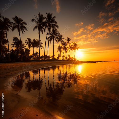 A breathtaking scene of a golden sun setting over a serene beach, casting a warm glow on the tranquil waters and gently swaying palm trees. Generative AI