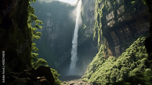 A majestic waterfall cascades down a lush green cliff, creating a mesmerizing display of sparkling water droplets that dance in the sunlight Generative AI