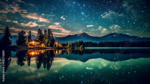 A starry night sky blankets a serene lake, reflecting the brilliance of countless constellations, while a shooting star streaks across the canvas, granting wishes to those who dare Generative AI © Julia