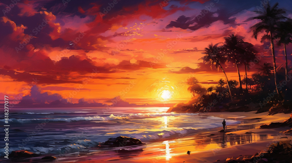 A breathtaking sunset painting the sky in vibrant hues of pink and orange, casting a golden glow over a tranquil beach. Generative AI