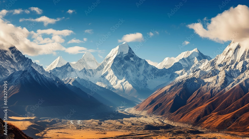 An awe-inspiring mountain range towering majestically against a clear blue sky, with snow-capped peaks piercing through the fluffy clouds Generative AI