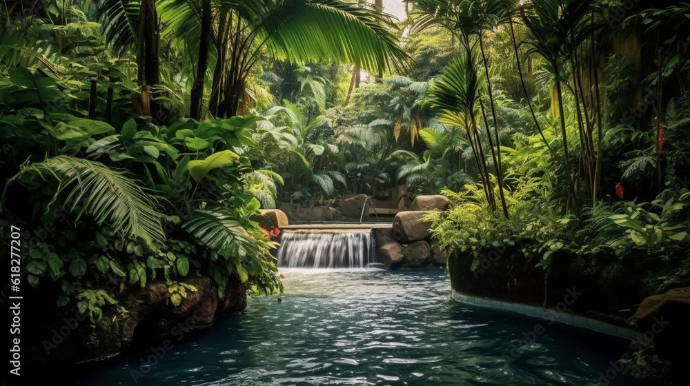 A cascading waterfall plunges into a crystal-clear pool below, surrounded by lush greenery and misty air, creating a scene of awe-inspiring natural beauty Generative AI A cascading waterfall plunges into a crystal-clear pool below, surrounded by lush greenery and misty air, creating a scene of awe-inspiring natural beauty Generative AI