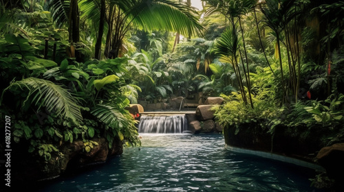 A cascading waterfall plunges into a crystal-clear pool below  surrounded by lush greenery and misty air  creating a scene of awe-inspiring natural beauty Generative AI