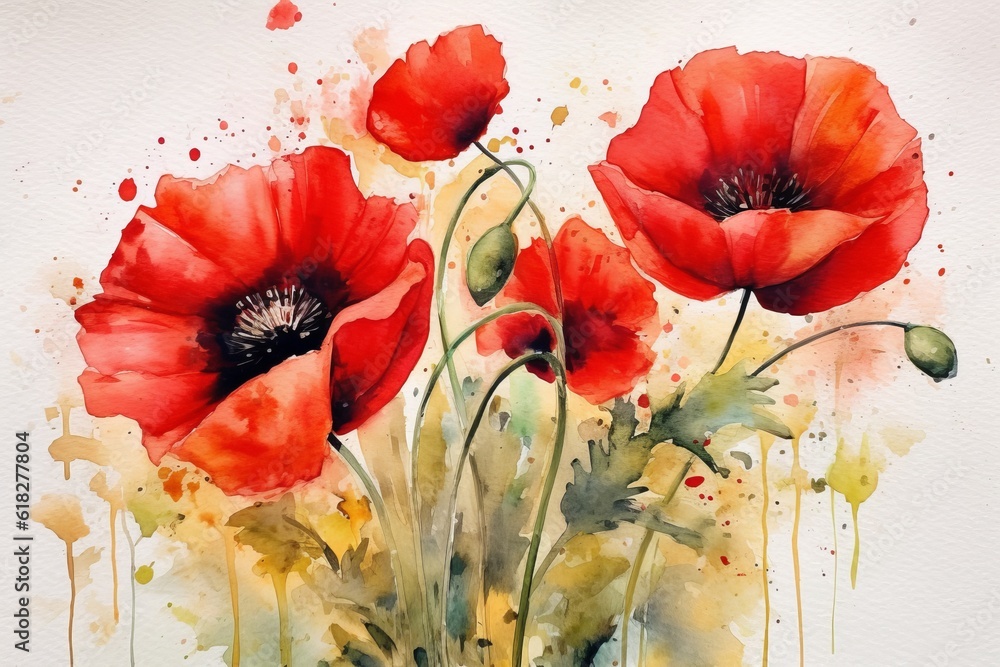 Obraz premium Scarlet Poppies watercolor illustration. AI generated