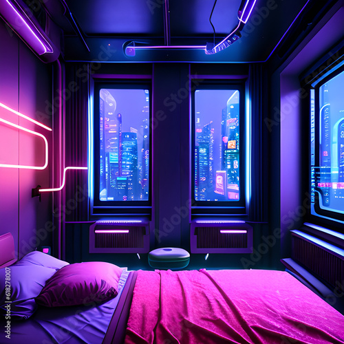 Beautiful interior modern style in purple tones neon glow