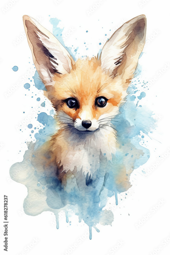 Sneaky fennec fox with big ears watercolor. AI generated