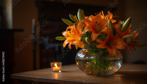 Romantic candlelight illuminates fresh flower arrangement indoors generated by AI