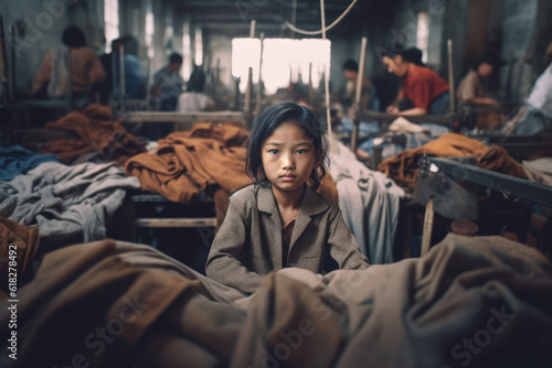 Small Asian girl portrait with blurred textile factory background, Illegal child labour in sweatshop manufacturing concept, documentary style. Generative AI