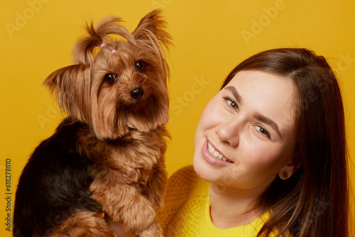 young girl with a dog Yorkshire terrier on a yellow clean background