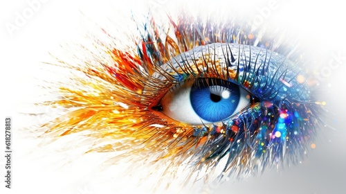 Human eye with gorgeous makeup. Detailed iris. Digital art. Generative AI. Illustration for banner  poster  cover or presentation.