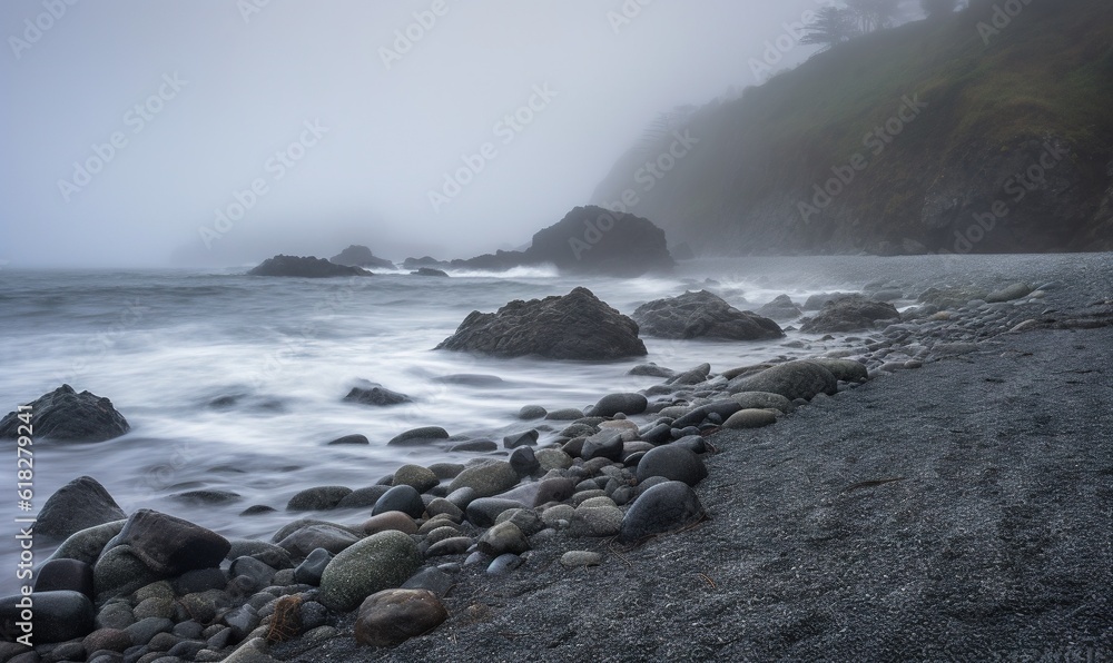  a rocky beach with a bunch of rocks in the foreground and a cliff in the background on a foggy, overcast day.  generative ai