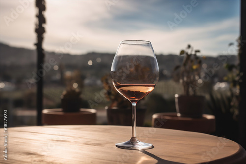 a glass of rose wine on wodden table. AI generated content