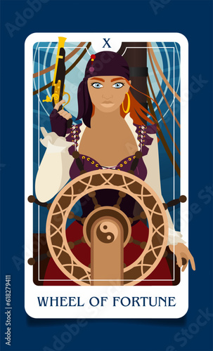 The card of the senior arcana is wheel of fortune. Occult esoteric spiritual Tarot. Numerology and fortune telling. Create flat vector illustrations