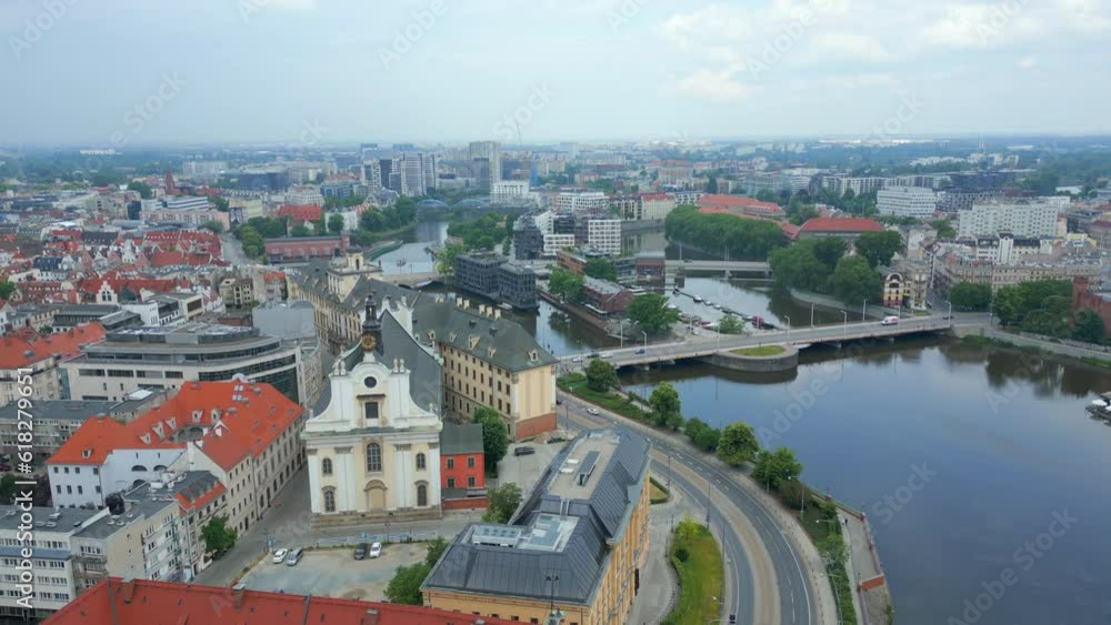 Wroclaw, a city in the Lower Silesian Voivodeship on a sunny day. The most visible tourist places and locations in Wrocław from a bird's eye view from a drone. Wroclaw, a city in the Lower Silesian Voivodeship on a sunny day. The most visible tourist places and locations in Wrocław from a bird's eye view from a drone.