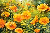 Sunny Marigolds watercolor illustration. AI generated