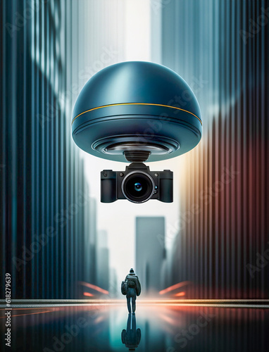 Huge, artificially created surveillance camera over individual citizens in a virtual city