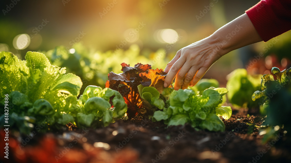 Fototapeta premium woman's hand selecting vegetables from a garden in a close-up shot Generative AI