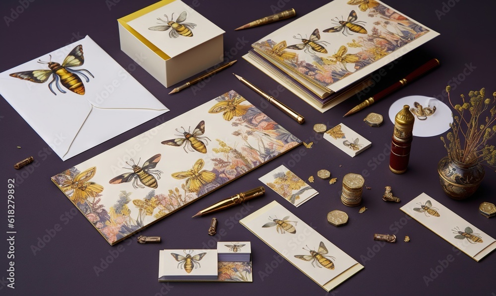 Fototapeta premium a collection of cards, envelopes, pens, and other items on a purple surface with a bee on it and a vase with flowers. generative ai