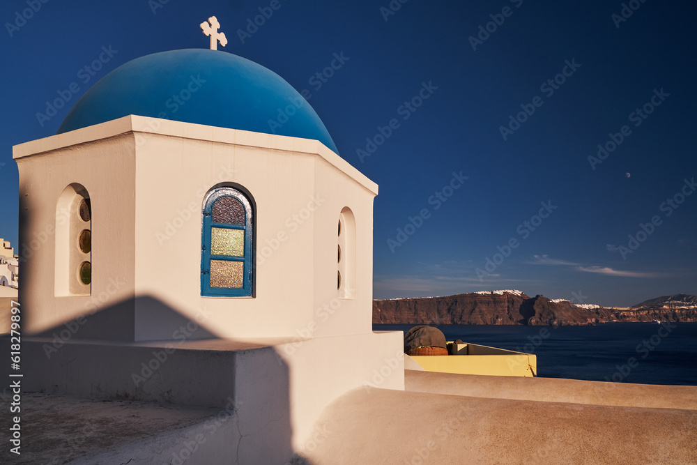 The Famous Blue Domed Church Santorini with Caldera View - Oia Village, Santorini Island, Greece