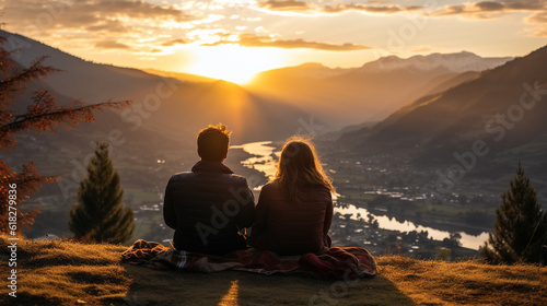 Joyful adventurous duo relaxing amidst the mountain peaks at sunrise, savoring the warmth of their coffee. Generative AI