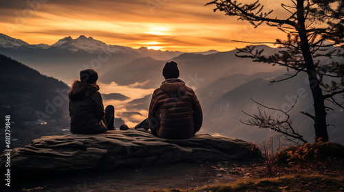 Joyful adventurous duo relaxing amidst the mountain peaks at sunrise, savoring the warmth of their coffee. Generative AI