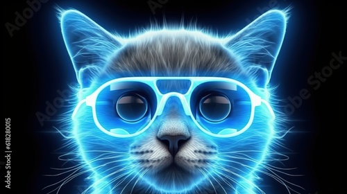 Cool cat in headphones and sunglasses listens to music. Close portrait of furry kitty in fashion style. Generative AI illustration. Printable design for t-shirts, mugs, cases, etc.