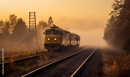  a yellow train traveling down train tracks next to a forest and telephone pole in the foggy sunset light of the day with the sun shining on the train. generative ai