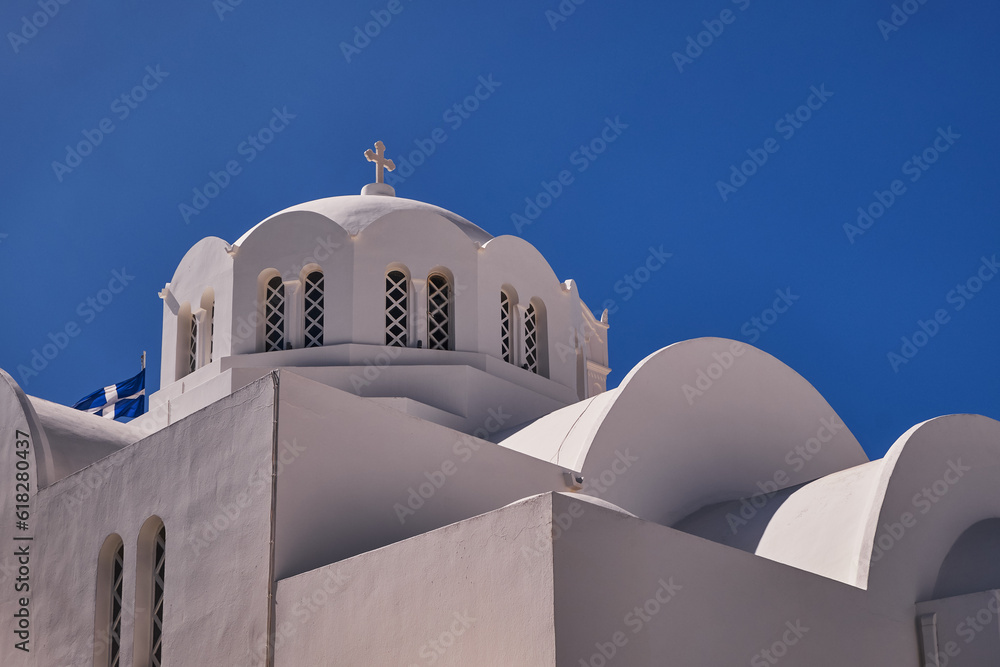 The Annunciation of the Virgin Mary Church - White Dome and Bell Tower - Emporio Village, Santorini Island, Greece