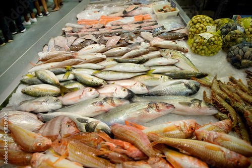 fish stall at a market in Portugal. Fresh chilled variety fish