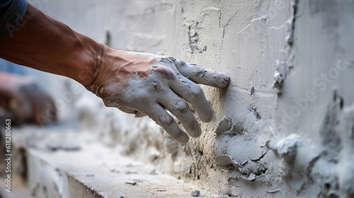 A worker's hand in a close-up, applying cement to the wall while constructing a house. Generative AI