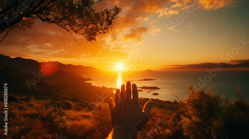 Capture a close-up shot of a hand framing the breathtaking view of the sunrise. Generative AI