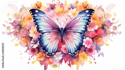 Watercolor beautiful butterfly surrounded by flowers. AI generated