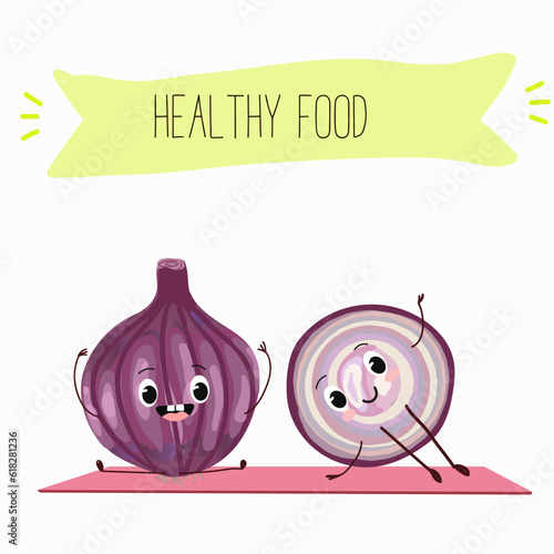 Illustration with funny cartoon characters purple onion, cut onion, bulb, half onion, Madeiran onion   Funny and healthy food. Vitamins, cute face food, ingredients, vegetarian, vector cartoon.