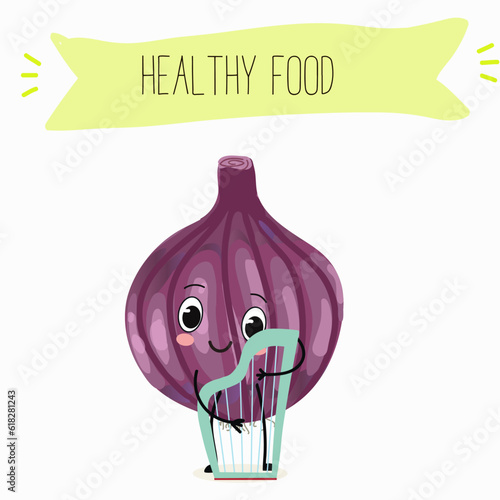 Illustration with funny cartoon characters purple onion, cut onion, bulb, half onion, Madeiran onion   Funny and healthy food. Vitamins, cute face food, ingredients, vegetarian, vector cartoon.