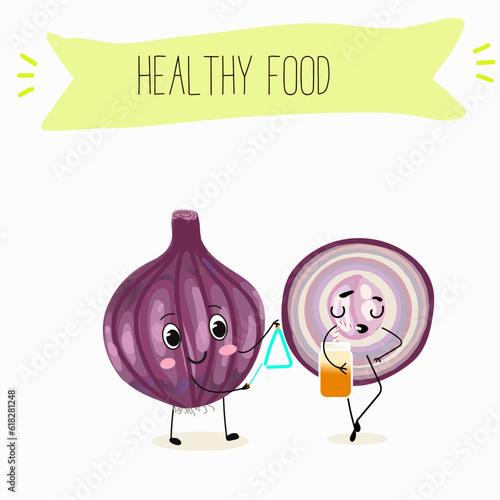 Illustration with funny cartoon characters purple onion, cut onion, bulb, half onion, Madeiran onion   Funny and healthy food. Vitamins, cute face food, ingredients, vegetarian, vector cartoon.