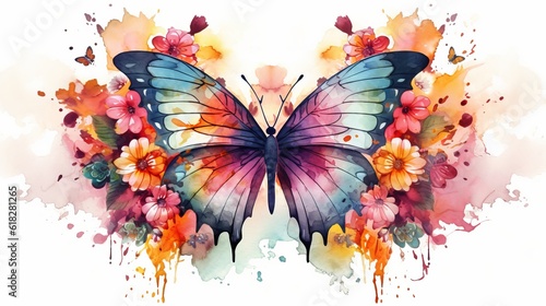 Watercolor beautiful butterfly surrounded by flowers. AI generated © Olive Studio