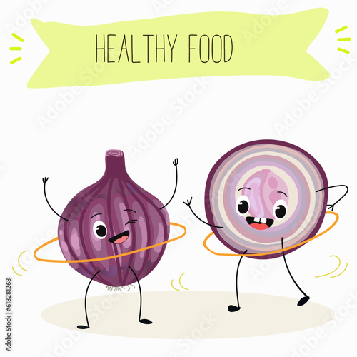 Illustration with funny cartoon characters purple onion, cut onion, bulb, half onion, Madeiran onion   Funny and healthy food. Vitamins, cute face food, ingredients, vegetarian, vector cartoon.