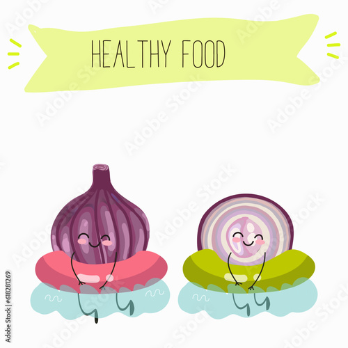 Illustration with funny cartoon characters purple onion, cut onion, bulb, half onion, Madeiran onion   Funny and healthy food. Vitamins, cute face food, ingredients, vegetarian, vector cartoon.