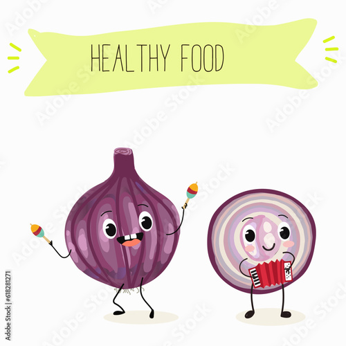 Illustration with funny cartoon characters purple onion, cut onion, bulb, half onion, Madeiran onion   Funny and healthy food. Vitamins, cute face food, ingredients, vegetarian, vector cartoon.