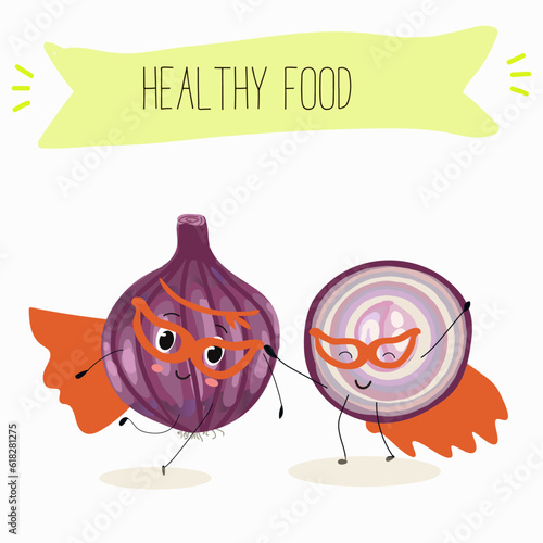 Illustration with funny cartoon characters purple onion, cut onion, bulb, half onion, Madeiran onion   Funny and healthy food. Vitamins, cute face food, ingredients, vegetarian, vector cartoon.