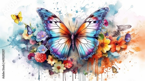 Watercolor beautiful butterfly surrounded by flowers. AI generated photo