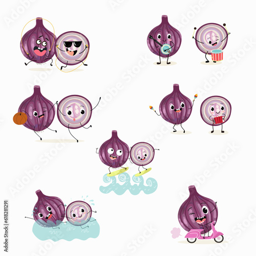 Illustration vector set  collection with funny  fresh purple onion  cut onion  bulb  half onion  madeira onion characters doing sports  playing musical instruments. Vector cartoon  agriculture  raw.