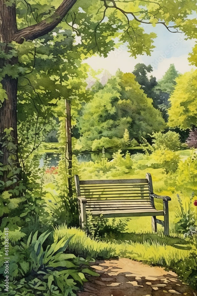 Watercolor beautiful garden bench with scenic views. AI generated