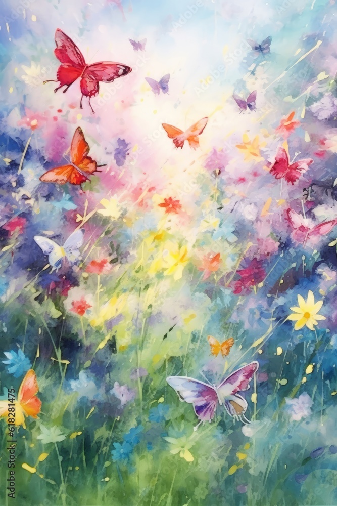 Watercolor beautiful garden with butterflies flutter. AI generated