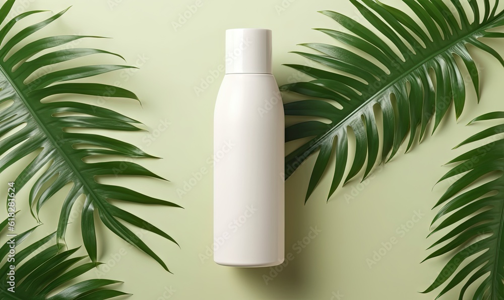a bottle of lotion sitting next to a green plant on a green background with a palm leaf on the left side of the bottle. generative ai a bottle of lotion sitting next to a green plant on a green background with a palm leaf on the left side of the bottle. generative ai